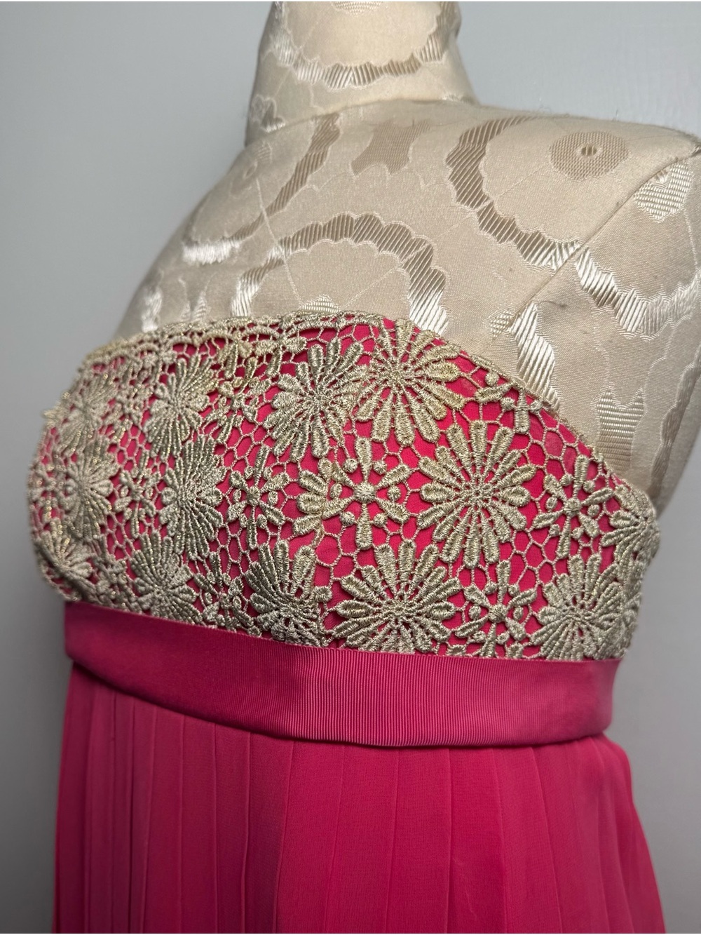 Lilly Pulitzer Pink Pleated Strapless Gold Lace Formal Gown Sz S - Picture 6 of 16